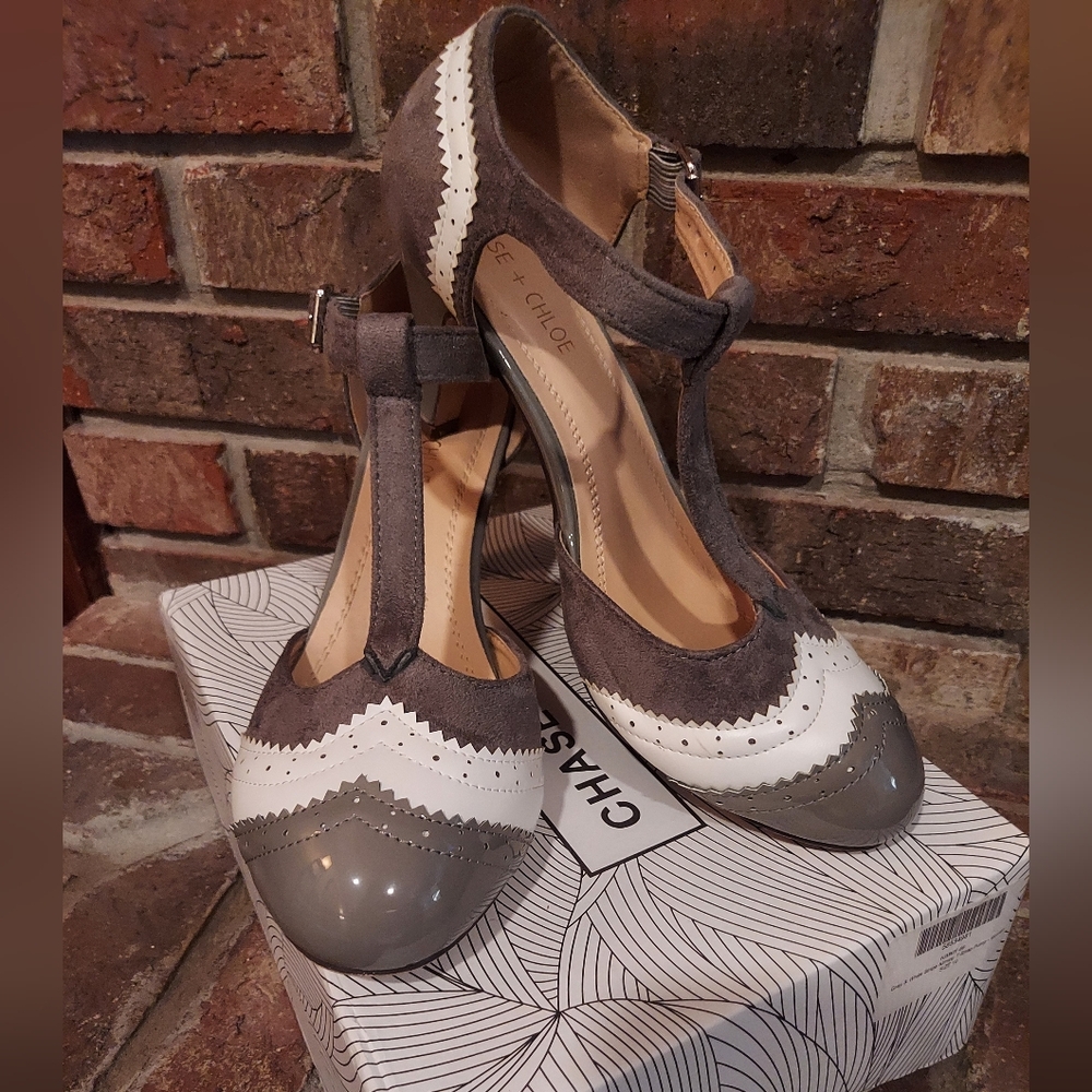 Chase + Chloe Gray & White T-Strap Heels